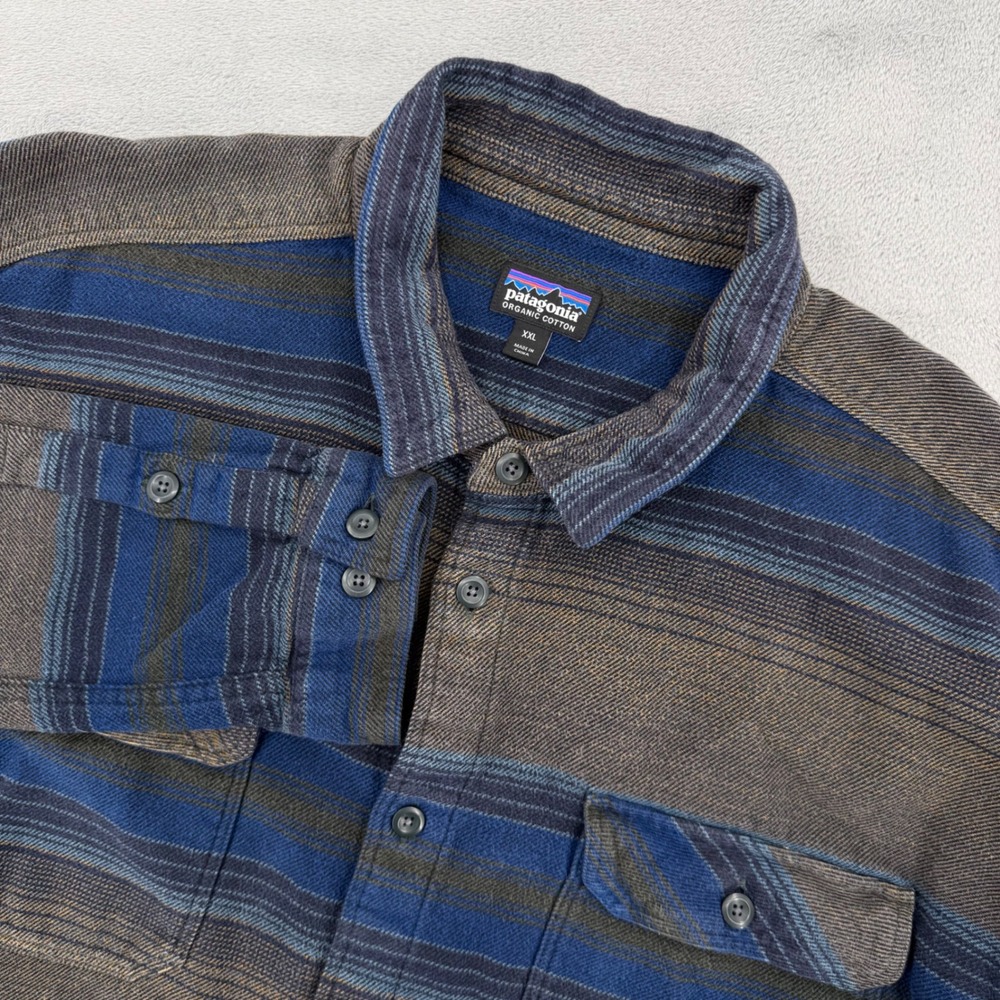 Patagonia Fjord Flannel Shirt Mens XXL Blue Brown Striped Organic Cotton Outwear